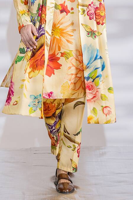 Shop_Jubinav Chadha_Yellow Cotton, Silk Embroidery Floral Print Kurta Set With Stole _Online_at_Aza_Fashions