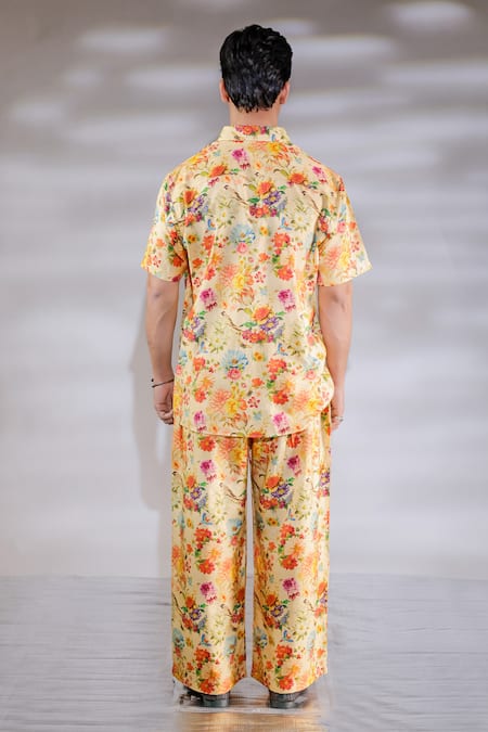 Shop_Jubinav Chadha_Yellow Hand Painted Flora Fauna Shirt And Pant Set _at_Aza_Fashions