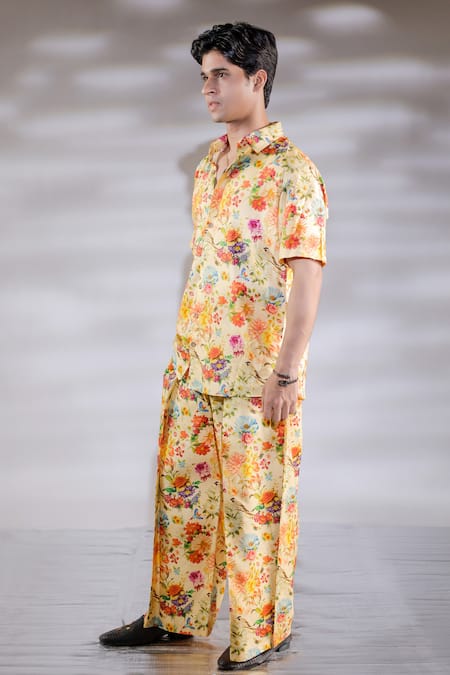 Jubinav Chadha_Yellow Hand Painted Flora Fauna Shirt And Pant Set _Online_at_Aza_Fashions