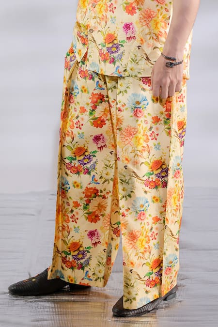 Buy_Jubinav Chadha_Yellow Hand Painted Flora Fauna Shirt And Pant Set _Online_at_Aza_Fashions