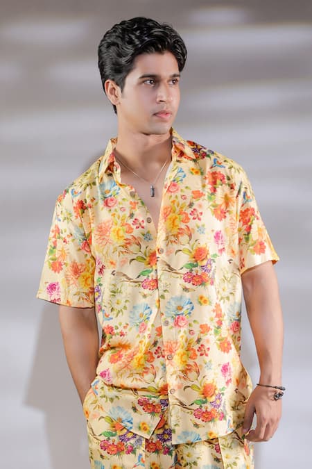 Shop_Jubinav Chadha_Yellow Hand Painted Flora Fauna Shirt And Pant Set _Online_at_Aza_Fashions