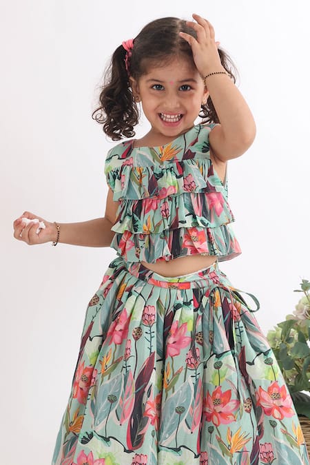 Shop LA Dee DA Blue Muslin, Cotton Floral Print Lehenga Set at Aza Fashions Shop_LA Dee DA_Blue Muslin, Cotton Floral Print Lehenga Set _at_Aza_Fashions