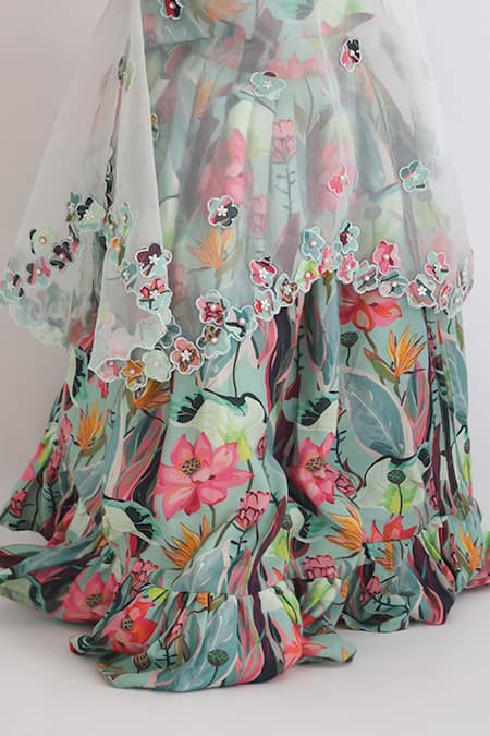 LA Dee DA Blue Muslin, Organza Pearls Cutwork Cape Lehenga Set Online at Aza Fashions LA Dee DA_Blue Muslin, Organza Pearls Cutwork Cape Lehenga Set _Online_at_Aza_Fashions