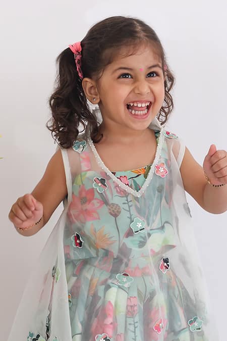 Shop LA Dee DA Blue Muslin, Organza Pearls Cutwork Cape Lehenga Set at Aza Fashions Shop_LA Dee DA_Blue Muslin, Organza Pearls Cutwork Cape Lehenga Set _at_Aza_Fashions