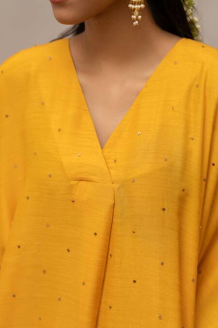 Buy_Mimamsaa_Yellow Organza Embroidery V-neck Malti Kaftan And Pant Set _Online_at_Aza_Fashions