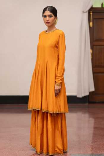 Mimamsaa_Yellow Kurta Embroidered Floral Round Mira Anarkali Set  _Online_at_Aza_Fashions