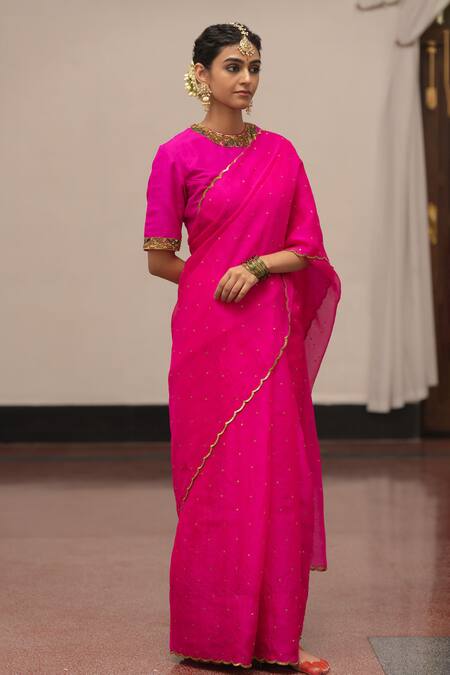 Mimamsaa_Fuchsia Organza Silk Parvati Saree With Unstitched Blouse Piece  _Online_at_Aza_Fashions