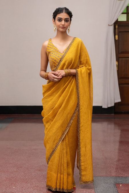 Mimamsaa Gold Munga Silk Embroidered Prabha Saree With Unstitched Blouse Piece 