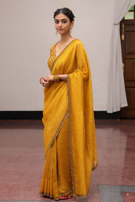 Mimamsaa_Gold Munga Silk Embroidered Prabha Saree With Unstitched Blouse Piece  _Online_at_Aza_Fashions