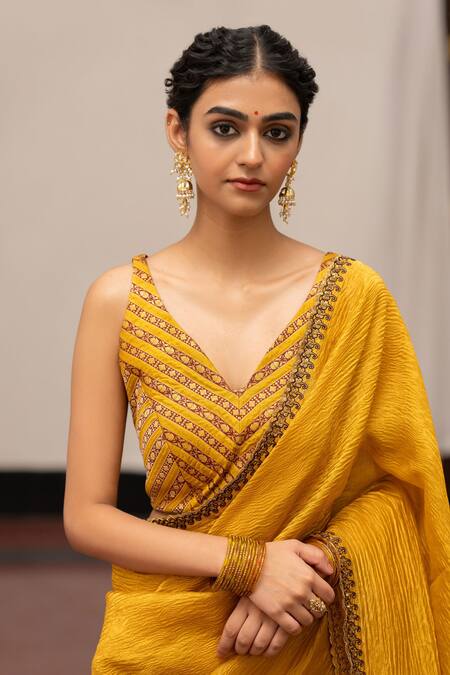 Buy_Mimamsaa_Gold Munga Silk Embroidered Prabha Saree With Unstitched Blouse Piece  _Online_at_Aza_Fashions