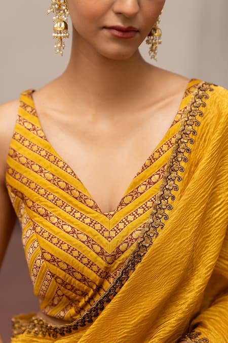 Shop_Mimamsaa_Gold Munga Silk Embroidered Prabha Saree With Unstitched Blouse Piece  _Online_at_Aza_Fashions