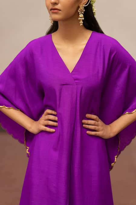 Buy_Mimamsaa_Purple Maheshwari, Organza V-neck Resham Embroidered Kaftan And Pant Set _Online_at_Aza_Fashions