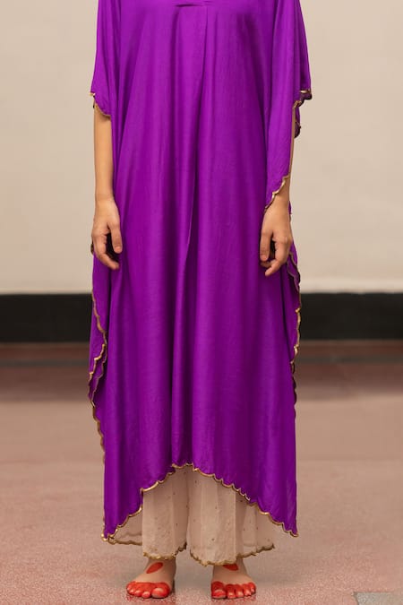 Shop_Mimamsaa_Purple Maheshwari, Organza V-neck Resham Embroidered Kaftan And Pant Set _Online_at_Aza_Fashions