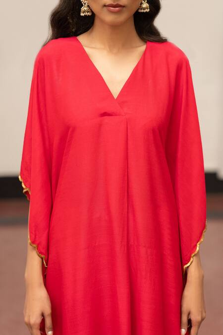 Buy_Mimamsaa_Red Maheshwari, Organza V-neck Varuna Kaftan And Pant Set _Online_at_Aza_Fashions