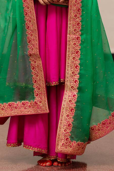 Mimamsaa Fuchsia Organza, Muslin Embroidery Round Neck Veda Anarkali Set Online at Aza Fashions Mimamsaa_Fuchsia Organza, Muslin Embroidery Round Neck Veda Anarkali Set _Online_at_Aza_Fashions