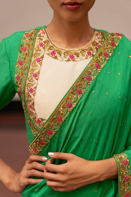 Mimamsaa Green Munga Silk Embroidery Floral Round Neck Aapti Blouse Online at Aza Fashions Mimamsaa_Green Munga Silk Embroidery Floral Round Neck Aapti Blouse _Online_at_Aza_Fashions