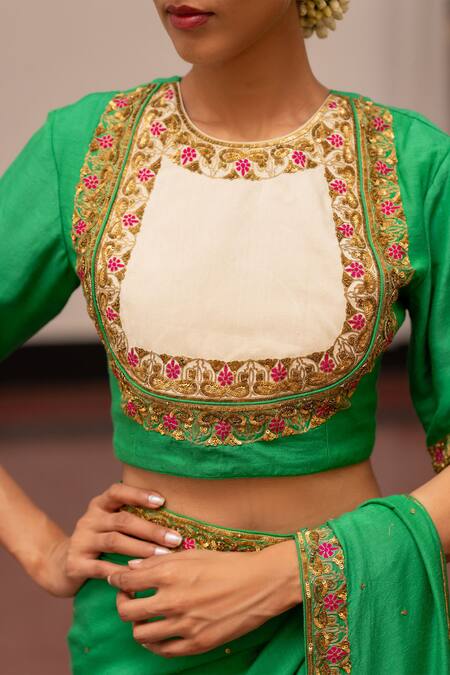 Buy Mimamsaa Green Munga Silk Embroidery Floral Round Neck Aapti Blouse Online at Aza Fashions Buy_Mimamsaa_Green Munga Silk Embroidery Floral Round Neck Aapti Blouse _Online_at_Aza_Fashions