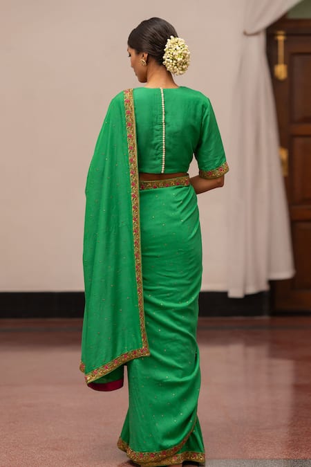 Buy Bottle Green Saree With Corset Blouse by Designer MIMAMSAA