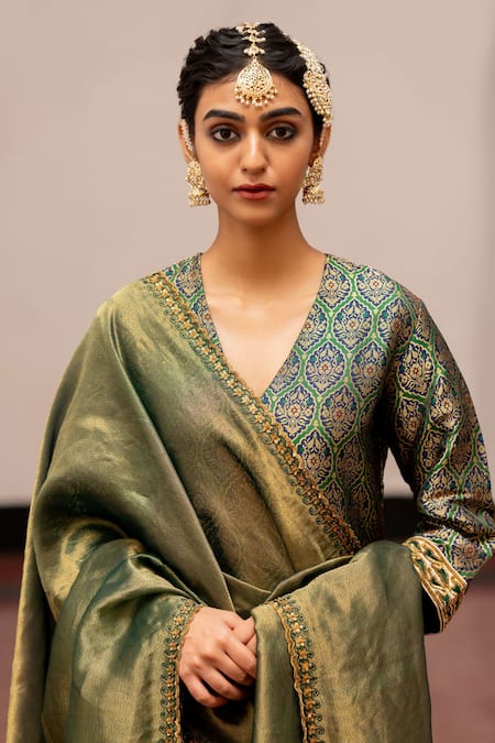 Mimamsaa_Green Tissue Silk Placement Embroidery Floral Diti Border Dupatta  _Online_at_Aza_Fashions