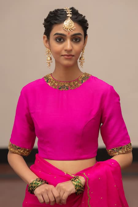 Shop Mimamsaa Pink Munga Silk Placement Embroidery Floral Round Neck Gauri Blouse at Aza Fashions Shop_Mimamsaa_Pink Munga Silk Placement Embroidery Floral Round Neck Gauri Blouse _at_Aza_Fashions