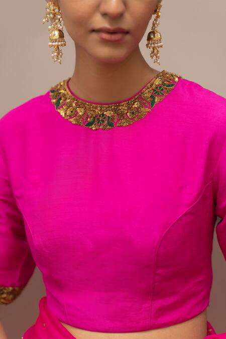 Mimamsaa Pink Munga Silk Placement Embroidery Floral Round Neck Gauri Blouse Online at Aza Fashions Mimamsaa_Pink Munga Silk Placement Embroidery Floral Round Neck Gauri Blouse _Online_at_Aza_Fashions