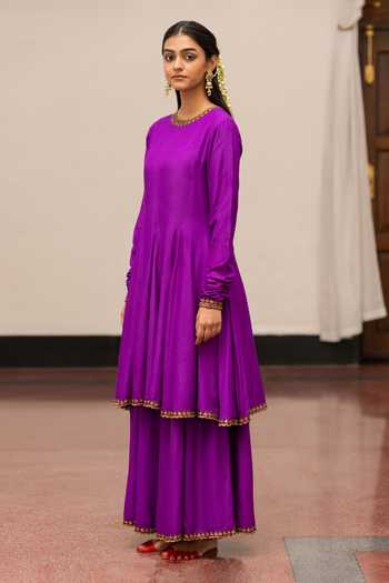 Mimamsaa_Purple Maheshwari, Organza, Muslin Embroidery Geeta Munga Silk Anarkali Pant Set _Online_at_Aza_Fashions