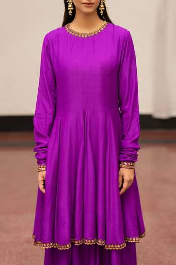 Buy_Mimamsaa_Purple Maheshwari, Organza, Muslin Embroidery Geeta Munga Silk Anarkali Pant Set _Online_at_Aza_Fashions