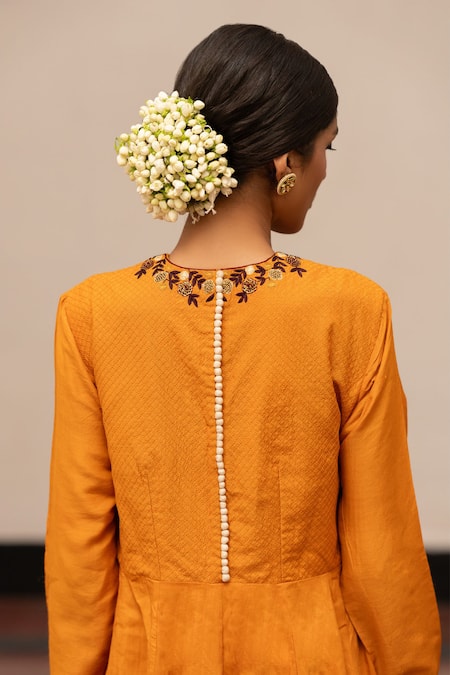 Shop Mimamsaa Yellow Maheshwari, Organza, Muslin Embroidery Himavati Bodice Anarkali Pant Set at Aza Fashions Shop_Mimamsaa_Yellow Maheshwari, Organza, Muslin Embroidery Himavati Bodice Anarkali Pant Set _at_Aza_Fashions