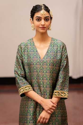 Shop_Mimamsaa_Green Brocade, Tissue Embroidery V-neck Idika Floral Pattern Kurta Gharara Set _Online_at_Aza_Fashions