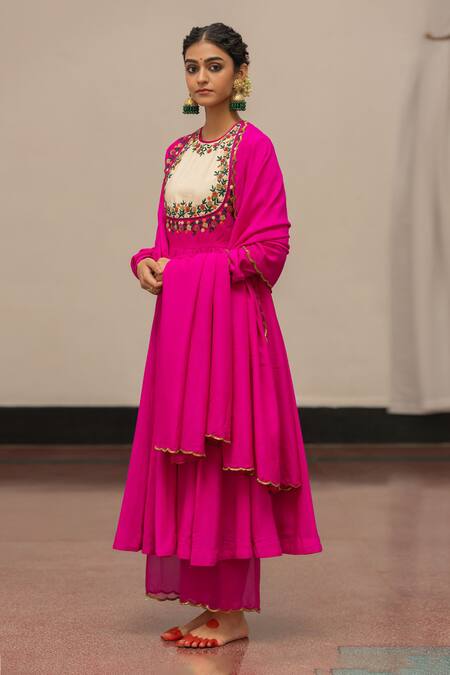 Shop_Mimamsaa_Pink Muslin, Organza Embroidery Round Neck Kajri Bodice Anarkali Pant Set _Online_at_Aza_Fashions