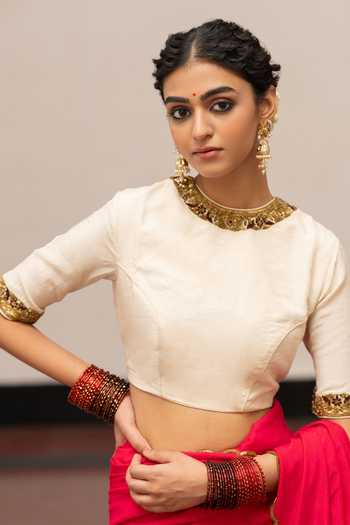 Buy_Mimamsaa_Ivory Muslin Sequins Round Neck Kamalnaini Placement Embroidered Blouse _Online_at_Aza_Fashions