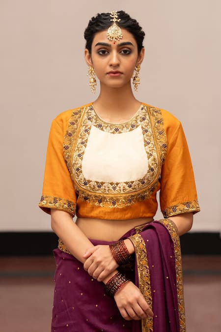 Mimamsaa Yellow Munga Silk Embroidery Floral Round Neck Kameshwari Blouse 