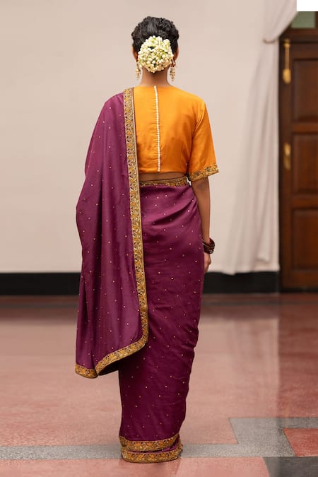 Shop Mimamsaa Yellow Munga Silk Embroidery Floral Round Neck Kameshwari Blouse at Aza Fashions Shop_Mimamsaa_Yellow Munga Silk Embroidery Floral Round Neck Kameshwari Blouse _at_Aza_Fashions