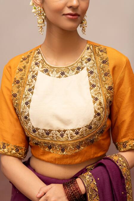 Mimamsaa Yellow Munga Silk Embroidery Floral Round Neck Kameshwari Blouse Online at Aza Fashions Mimamsaa_Yellow Munga Silk Embroidery Floral Round Neck Kameshwari Blouse _Online_at_Aza_Fashions