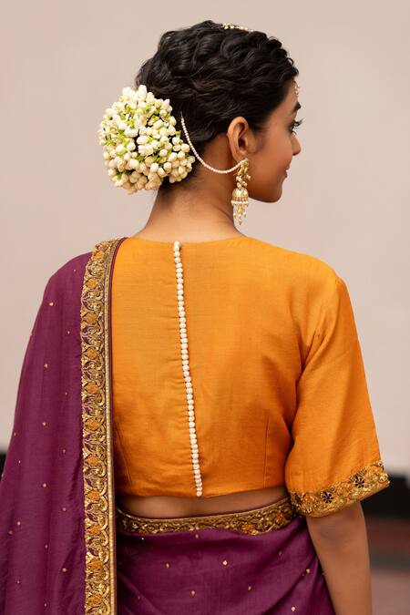 Buy Mimamsaa Yellow Munga Silk Embroidery Floral Round Neck Kameshwari Blouse Online at Aza Fashions Buy_Mimamsaa_Yellow Munga Silk Embroidery Floral Round Neck Kameshwari Blouse _Online_at_Aza_Fashions
