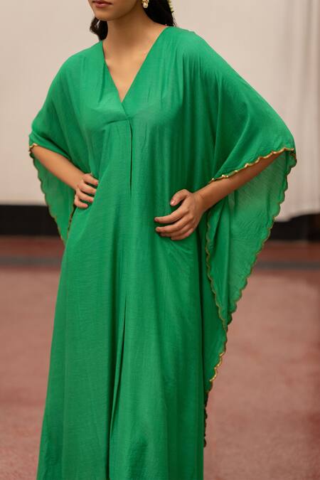 Mimamsaa_Green Maheshwari, Organza Sequins V-neck Kashi Munga Silk Kaftan With Pant _Online_at_Aza_Fashions