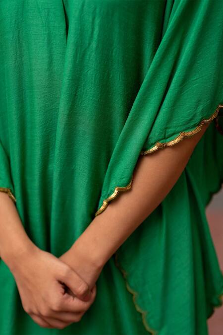 Shop_Mimamsaa_Green Maheshwari, Organza Sequins V-neck Kashi Munga Silk Kaftan With Pant _Online_at_Aza_Fashions