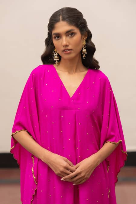 Buy_Mimamsaa_Pink Silk, Organza Embroidery, Sequins V-neck Kaveri Kaftan With Pant _Online_at_Aza_Fashions