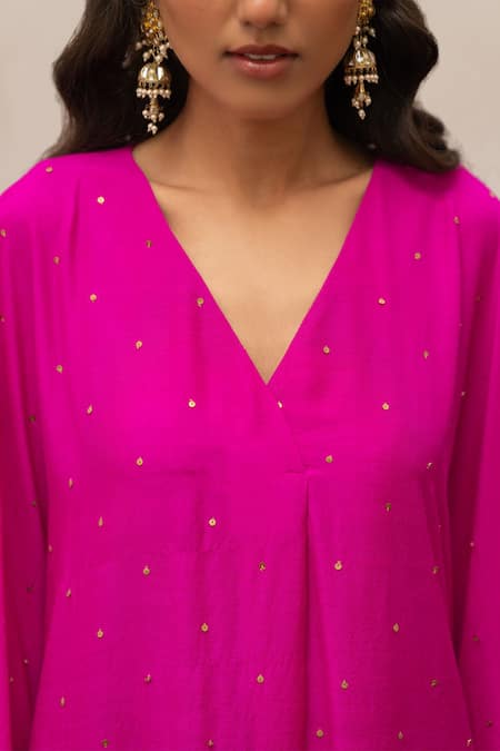 Shop_Mimamsaa_Pink Silk, Organza Embroidery, Sequins V-neck Kaveri Kaftan With Pant _Online_at_Aza_Fashions