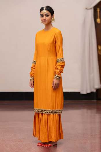 Mimamsaa_Yellow Muslin, Silk, Organza Kaveri Placement Embroidered Kurta Sharara Set _Online_at_Aza_Fashions