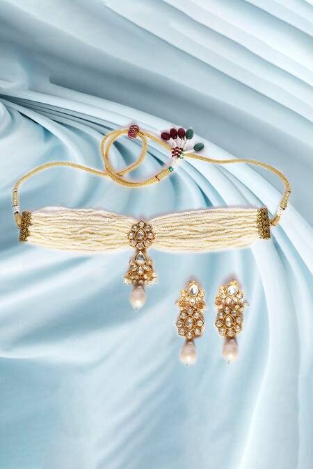 Shop Samyukta Singhania White Beads, Stones Embellished Choker Necklace Set at Aza Fashions Shop_Samyukta Singhania_White Beads, Stones Embellished Choker Necklace Set_at_Aza_Fashions