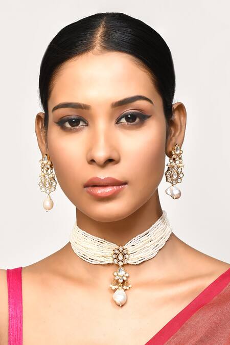 Samyukta Singhania_White Beads, Stones Embellished Choker Necklace Set_Online_at_Aza_Fashions