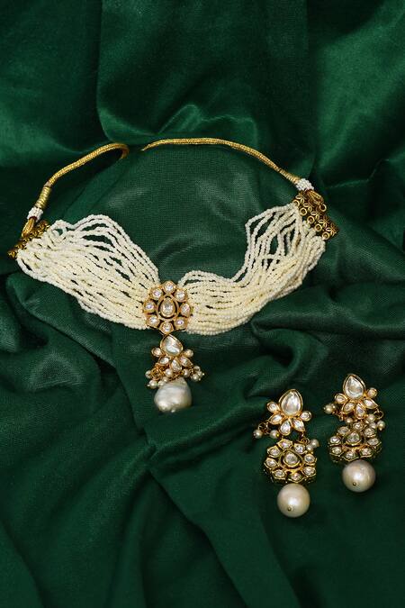 Shop_Samyukta Singhania_White Beads, Stones Embellished Choker Necklace Set_Online_at_Aza_Fashions