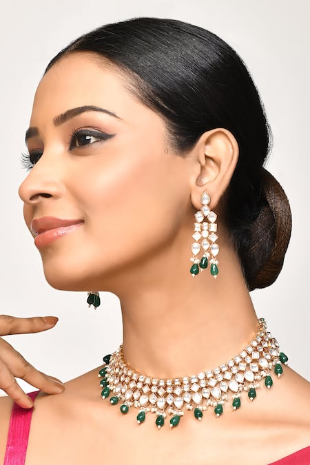 Samyukta Singhania Emerald Green Beads Stone And Embellished Choker Necklace Set 