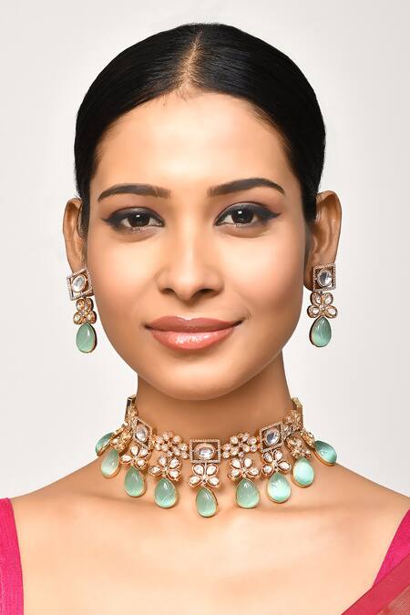 Samyukta Singhania_Green Beads, Stones And Embellished Choker Necklace Set_Online_at_Aza_Fashions