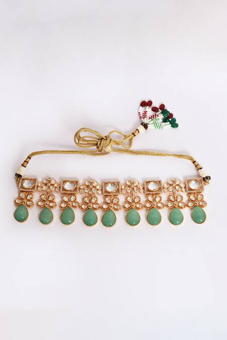 Buy_Samyukta Singhania_Green Beads, Stones And Embellished Choker Necklace Set_Online_at_Aza_Fashions