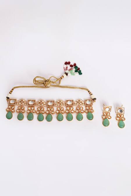 Shop_Samyukta Singhania_Green Beads, Stones And Embellished Choker Necklace Set_Online_at_Aza_Fashions