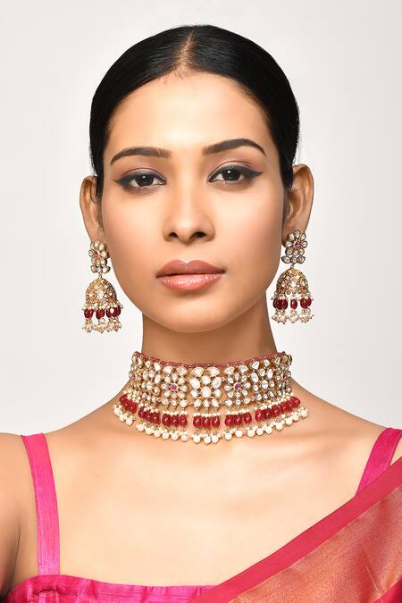 Samyukta Singhania_Maroon Beads, Stones Embellished Choker Necklace Set_Online_at_Aza_Fashions