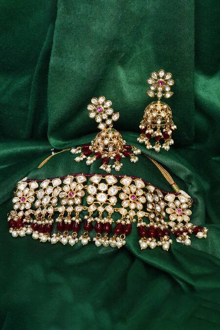 Buy Maroon Beads Embellished Choker Necklace Set by Nayaab by