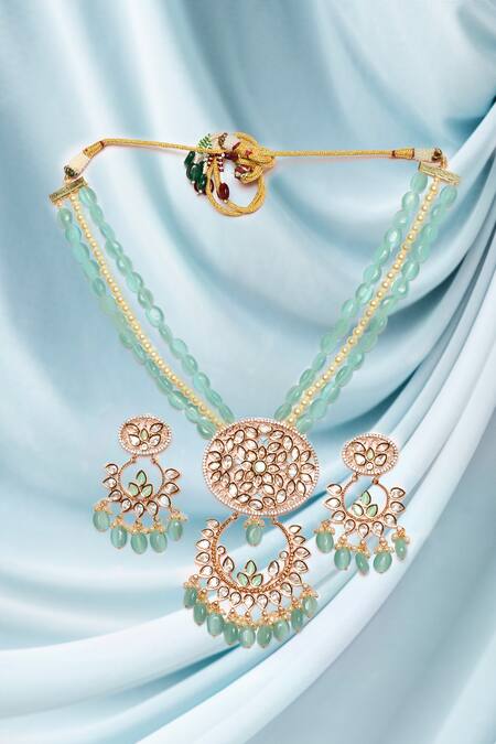 Samyukta Singhania_Blue Beads, Stones Beaded Work Pendant Necklace Set_at_Aza_Fashions